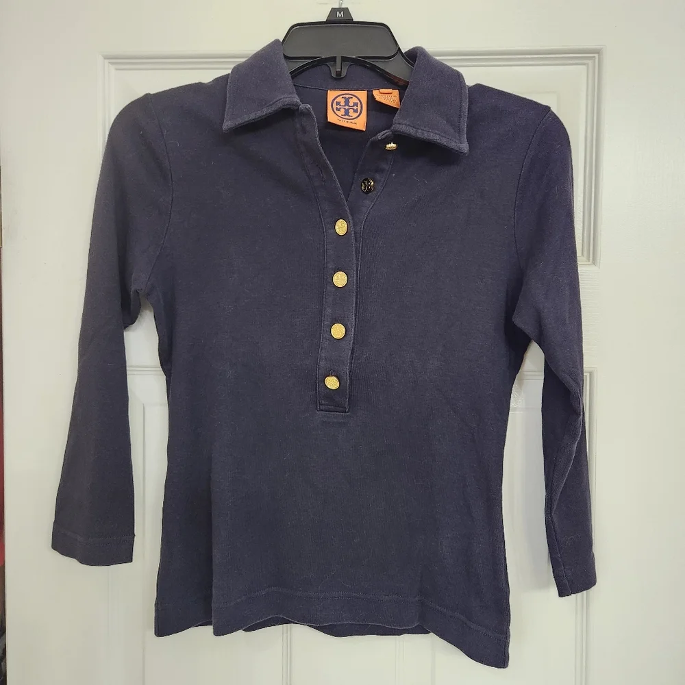 Tory Burch XS 3/4 Length Sleeve Navy Polo Top